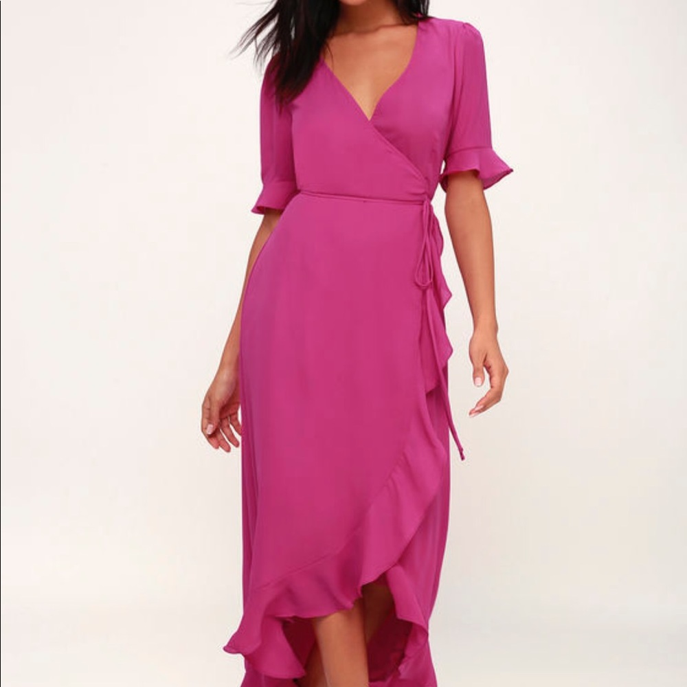 WILD WINDS MAGENTA HIGH-LOW WRAP DRESS